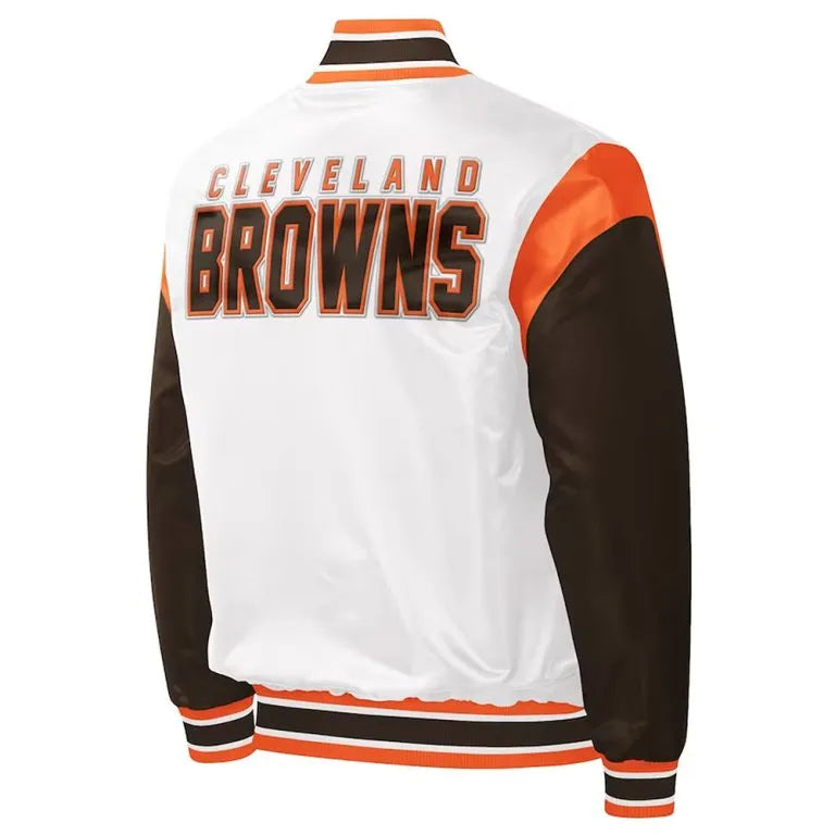Cleveland Browns Throwback Pitch Full-Snap Varsity White and Brown Satin Men's Bomber Jacket