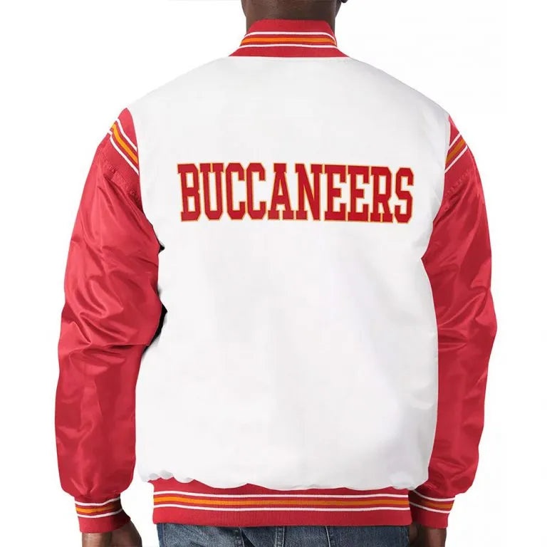 Tampa Bay Buccaneers Historic Renegade Full-Snap Varsity White/Red Satin Men's Bomber Jacket