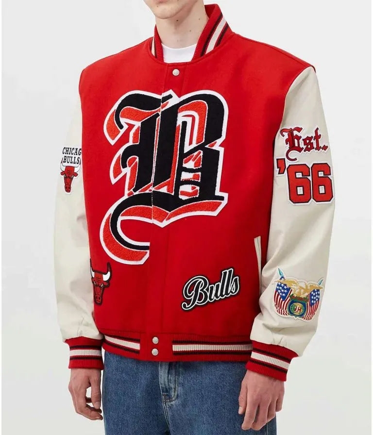 Chicago Bulls Red Wool & White Genuine Leather Sleeves Men's Varsity Letterman Jacket