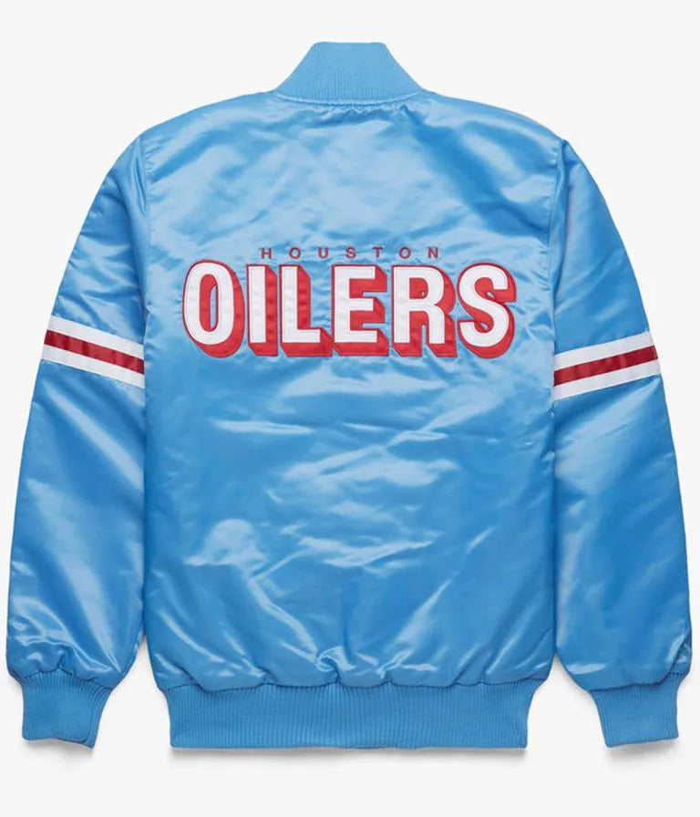 Houston Oilers Full-Snap Varsity Light Blue Satin Men's Bomber Jacket