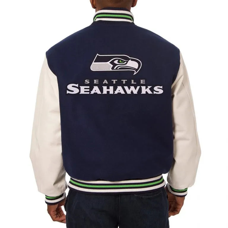 Seattle Seahawks Two-Tone Blue Wool & White Genuine Leather Sleeves Men's Varsity Letterman Jacket