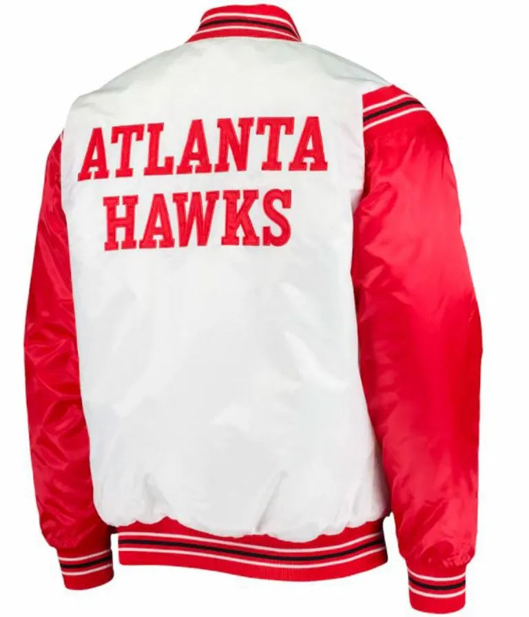 Atlanta Hawks Full-Snap Varsity Red and White Satin Men's Bomber Jacket