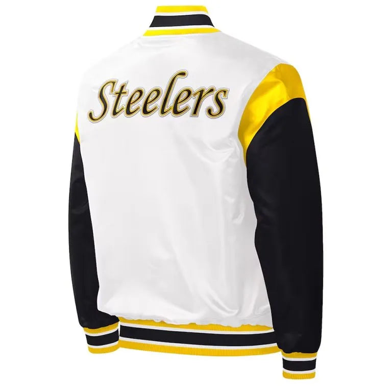 Pittsburgh Steelers Throwback Warm Up Pitch Black/White Varsity Satin Men's Bomber Jacket