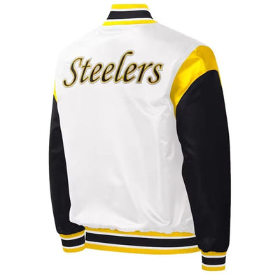 Pittsburgh Steelers Throwback Warm Up Pitch Black/White Varsity Satin Men's Bomber Jacket