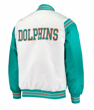 Miami Dolphins Full-Snap Varsity Green and White Satin Men's Bomber Jacket