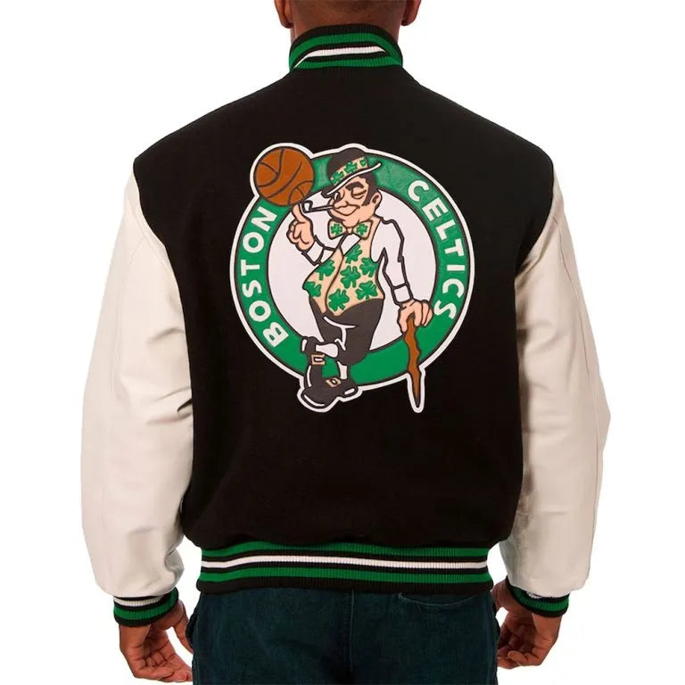 Boston Celtics Black Wool & White Genuine Leather Sleeves Men's Varsity Letterman Jacket