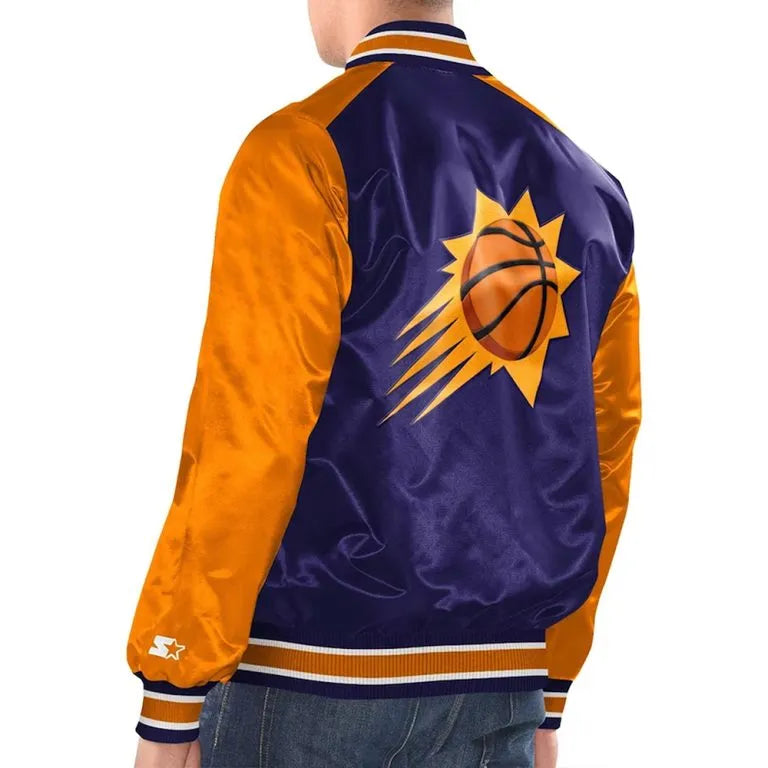 Phoenix Suns Renegade Full-Snap Varsity Orange and Purple Satin Men's Bomber Jacket