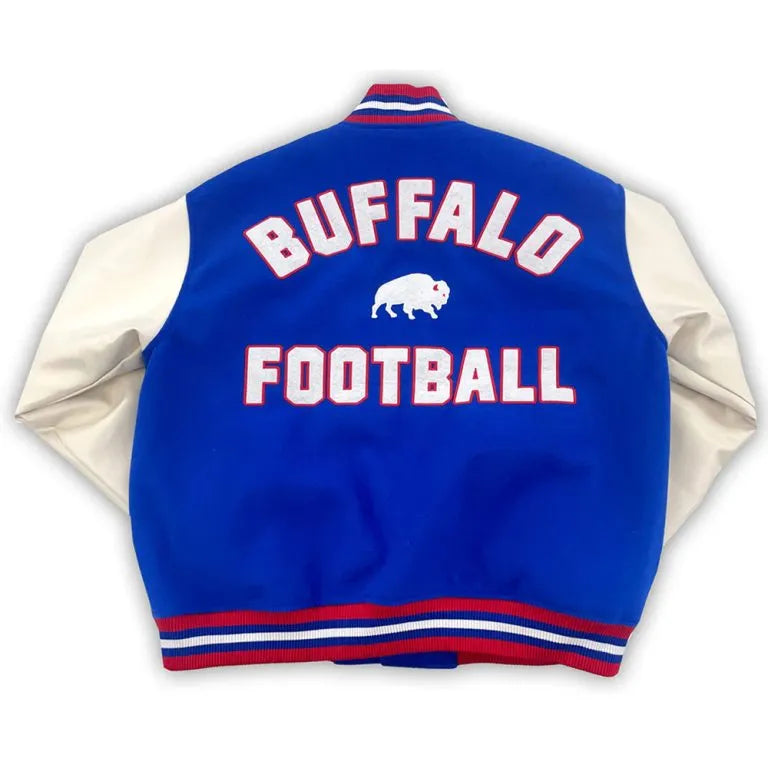 Buffalo Bills Royal Blue Wool and White Leather Sleeves Varsity Men's Letterman Jacket