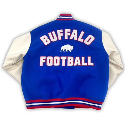 Buffalo Bills Royal Blue Wool and White Leather Sleeves Varsity Men's Letterman Jacket
