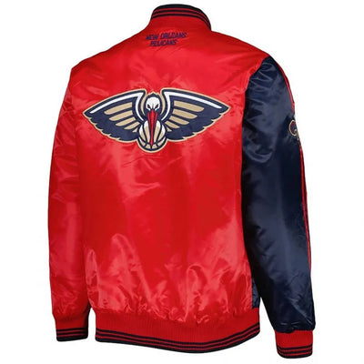 New Orleans Pelicans Fast Break Full-Snap Varsity Red and Navy Blue Satin Men's Bomber Jacket