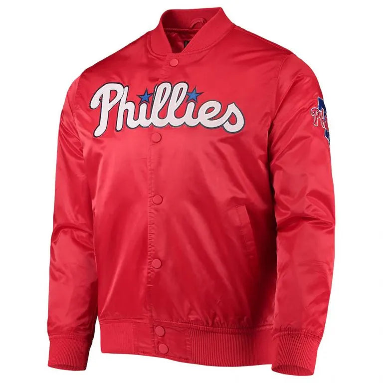 Philadelphia Phillies Wordmark Full-Snap Red Satin Men's Bomber Jacket