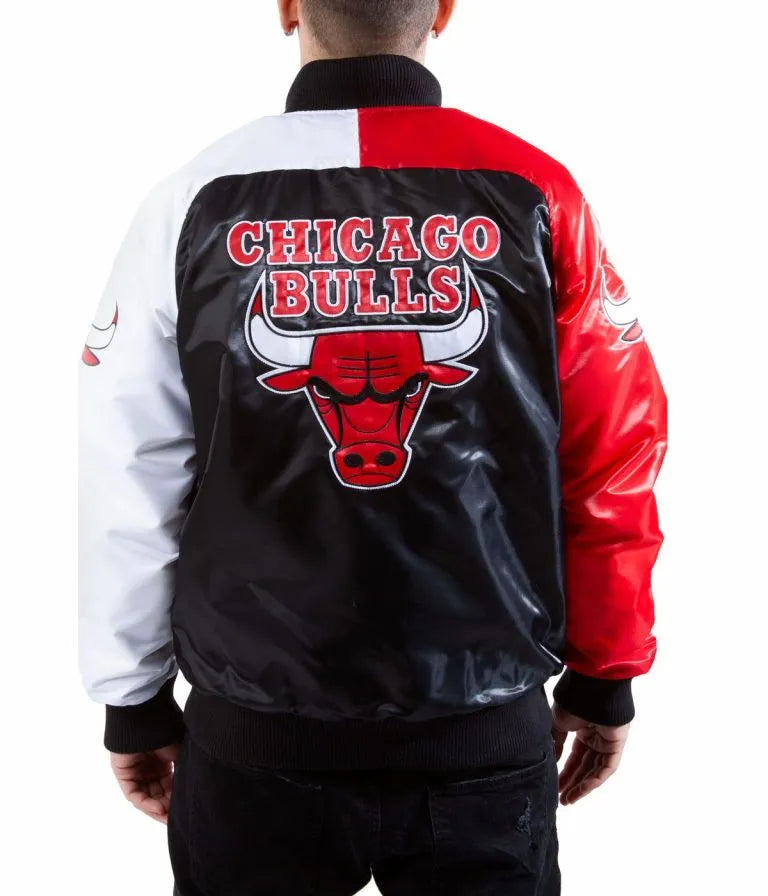 Chicago Bulls Full-Snap Varsity Tri-Color Satin Men's Bomber Jacket