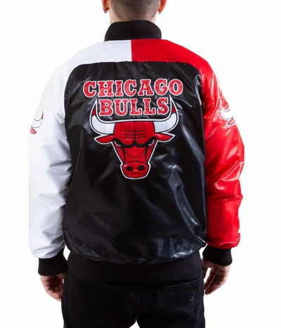 Chicago Bulls Full-Snap Varsity Tri-Color Satin Men's Bomber Jacket