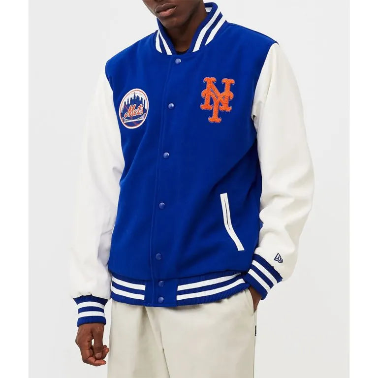 NY Mets Wordmark Varsity Royal Blue Wool & White Leather Sleeves Men's Jacket