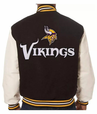 Minnesota Vikings Black Wool and White Genuine Leather Sleeves Men's Varsity Letterman Jacket