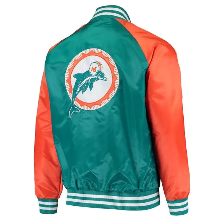 Miami Dolphins Lead Off Full-Snap Varsity Aqua/Orange Satin Men's Bomber Jacket