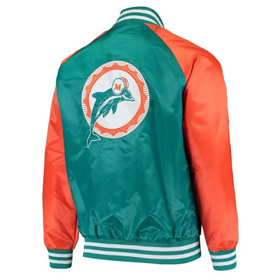 Miami Dolphins Lead Off Full-Snap Varsity Aqua/Orange Satin Men's Bomber Jacket