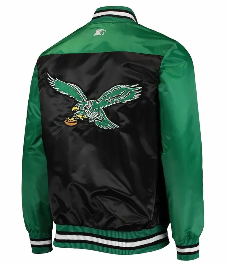 Philadelphia Eagles The Tradition II Team Full-Snap Varsity Green and Black Satin Men's Bomber Jacket