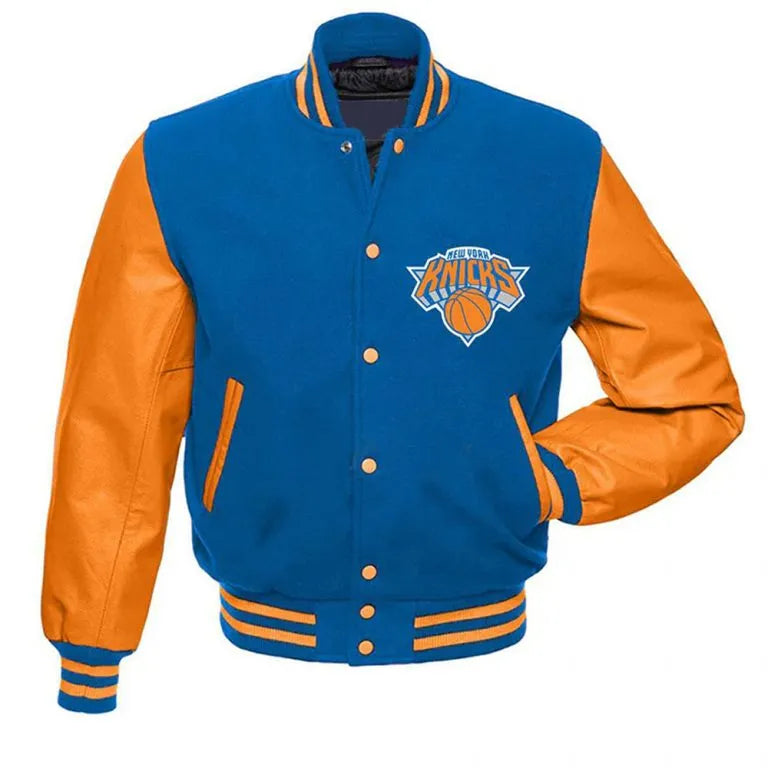 New York Knicks Varsity Blue Wool & Orange Genuine Leather Sleeves Men's Letterman Jacket