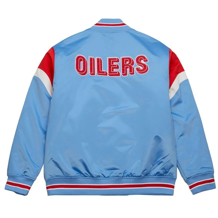 Houston Oilers Heavyweight Full-Snap Varsity Light Blue Satin Men's Bomber Jacket