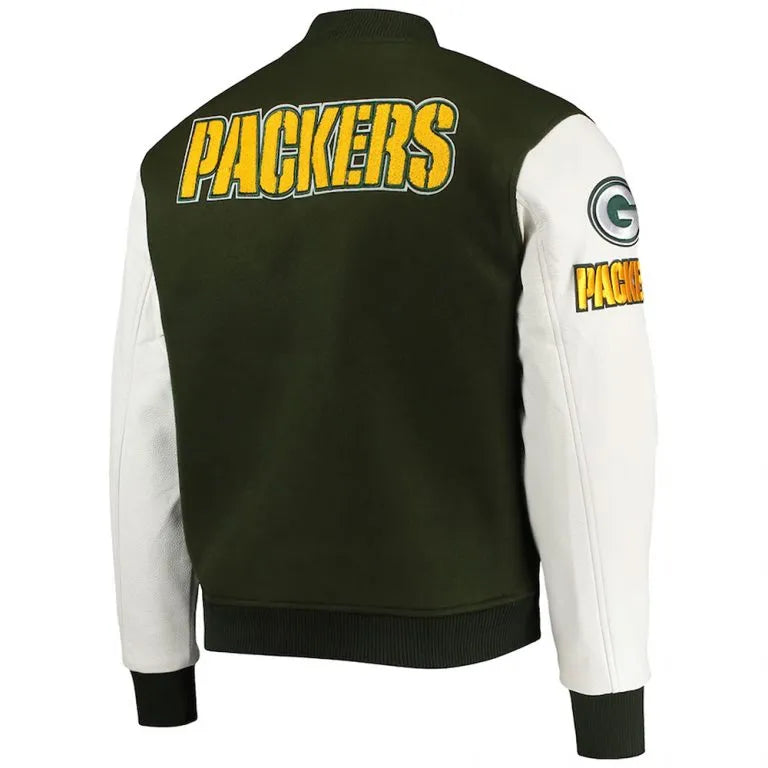 Green Bay Packers Logo Green Wool and White Genuine Leather Sleeves Men's Varsity Letterman Jacket