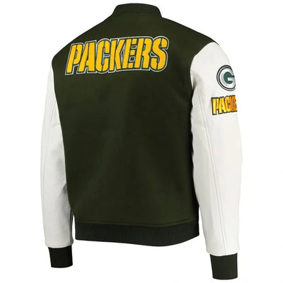 Green Bay Packers Logo Green Wool and White Genuine Leather Sleeves Men's Varsity Letterman Jacket
