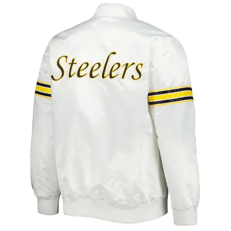Pittsburgh Steelers The Power Forward Full-Snap Varsity White Satin Men's Bomber Jacket
