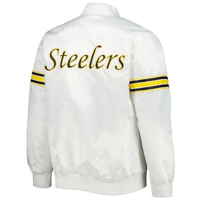 Pittsburgh Steelers The Power Forward Full-Snap Varsity White Satin Men's Bomber Jacket
