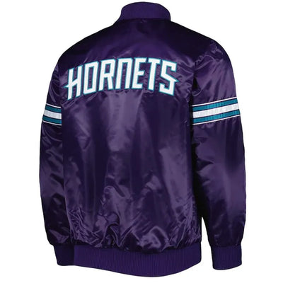 Charlotte Hornets Pick & Roll Full-Snap Varsity Purple Satin Men's Bomber Jacket