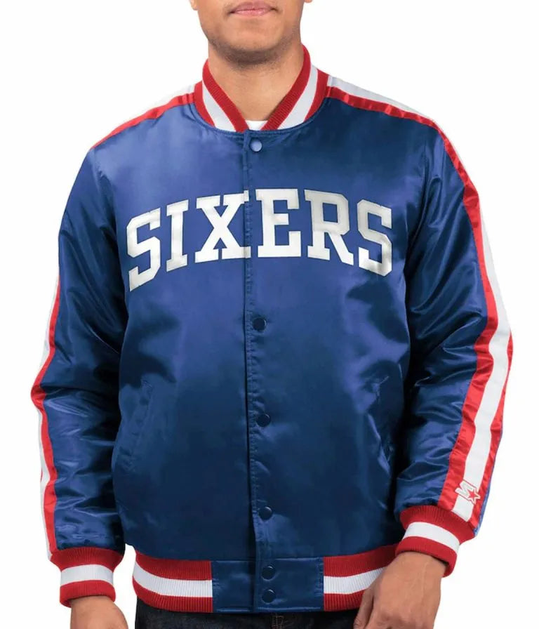 Philadelphia 76ers The Offensive Full-Snap Varsity Royal Blue Satin Men's Bomber Jacket
