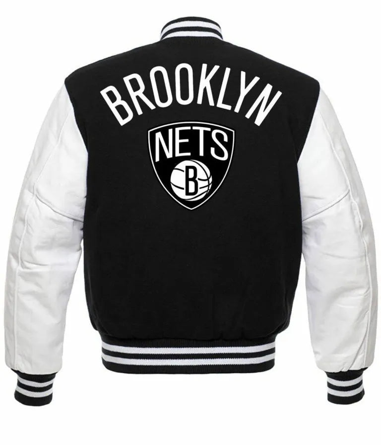 Brooklyn Nets NBA Black Wool & White Genuine Leather Sleeves Men's Varsity Letterman Jacket