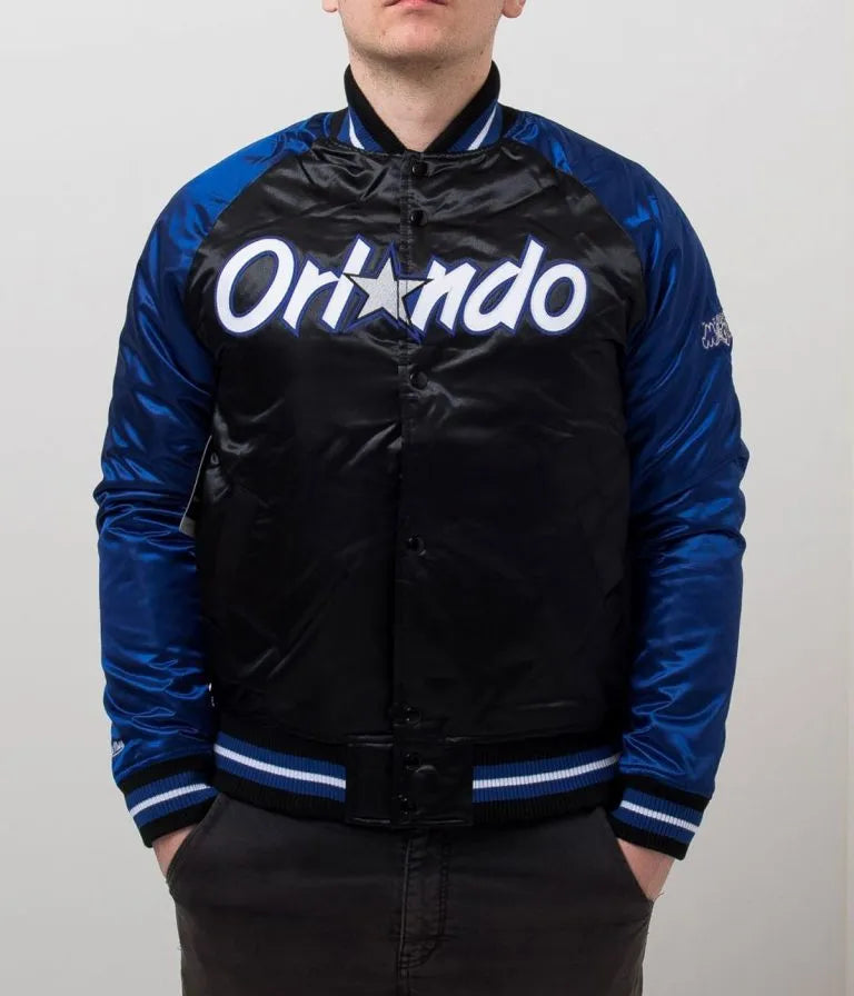 Orlando Magic Full-Snap Varsity Blue and Black Satin Men's Bomber Jacket