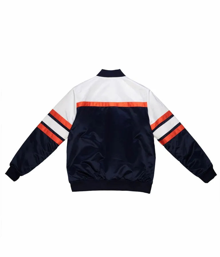 Chicago Bears Special Script Heavyweight Full-Snap Varsity Navy Blue and White Satin Men's Bomber Jacket