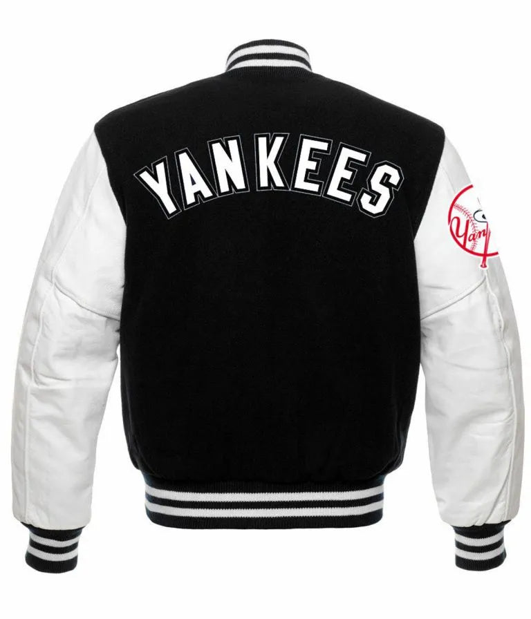 NY Yankees Black Wool and White Leather Sleeves Letterman Men's Jacket