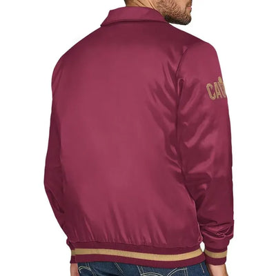 Cleveland Cavaliers Stitch Applique Full-Snap Varsity Wine Satin Men's Bomber Jacket