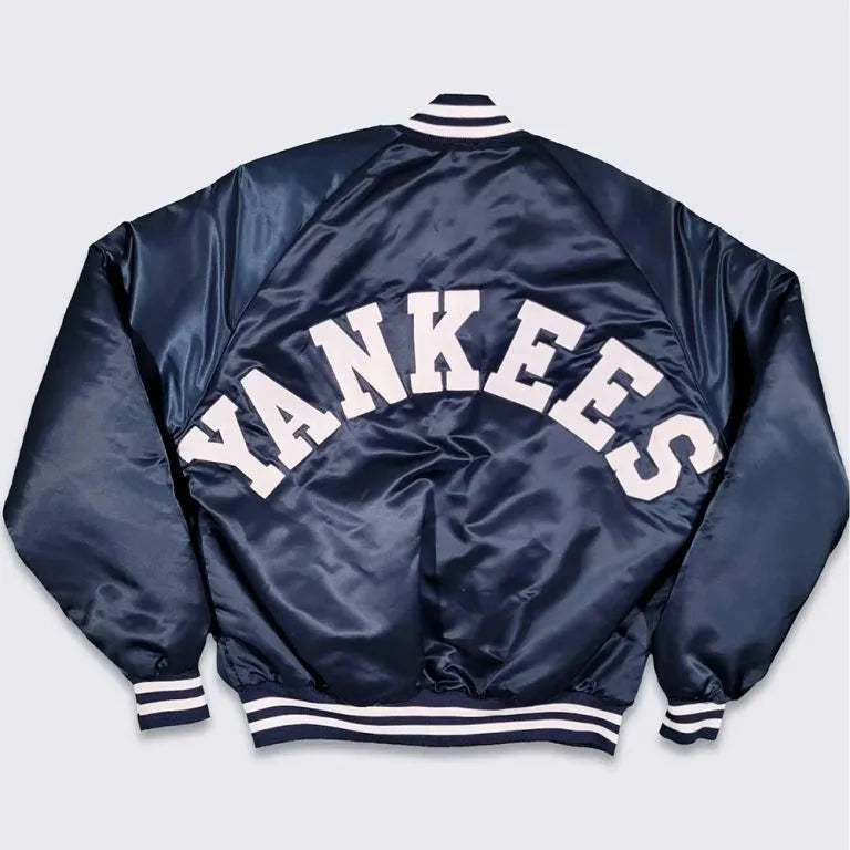80s New York Yankees Full-Snap Bomber Navy Blue Satin Men's Jacket