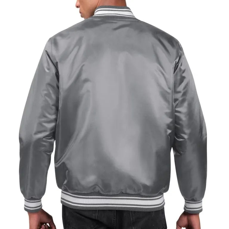 Miami Dolphins Locker Room Full-Snap Varsity Gray Satin Men's Bomber Jacket