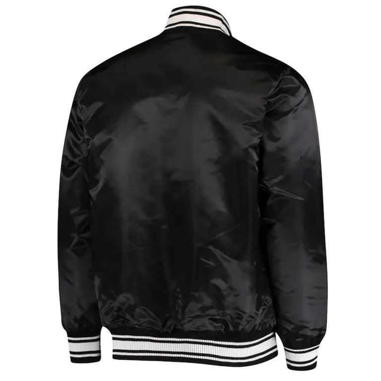 Miami Dolphins Locker Room Full-Snap Varsity Black Satin Men's Bomber Jacket