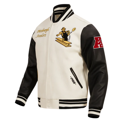 Pittsburgh Steelers Retro Classic Cream Wool & Black Genuine Leather Sleeves Men's Varsity Letterman Jacket