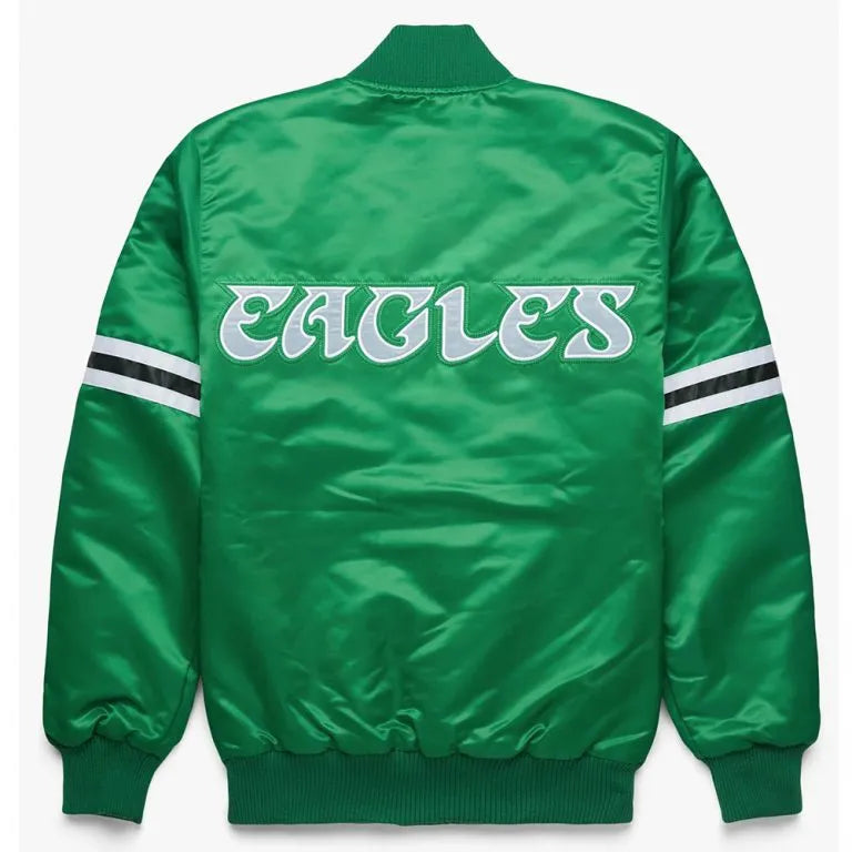 Philadelphia Eagles Striped Full-Snap Varsity Green Satin Men's Bomber Jacket
