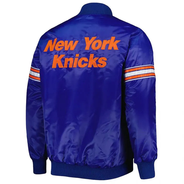 New York Knick Pick & Roll Full-Snap Varsity Blue Satin Men's Bomber Jacket