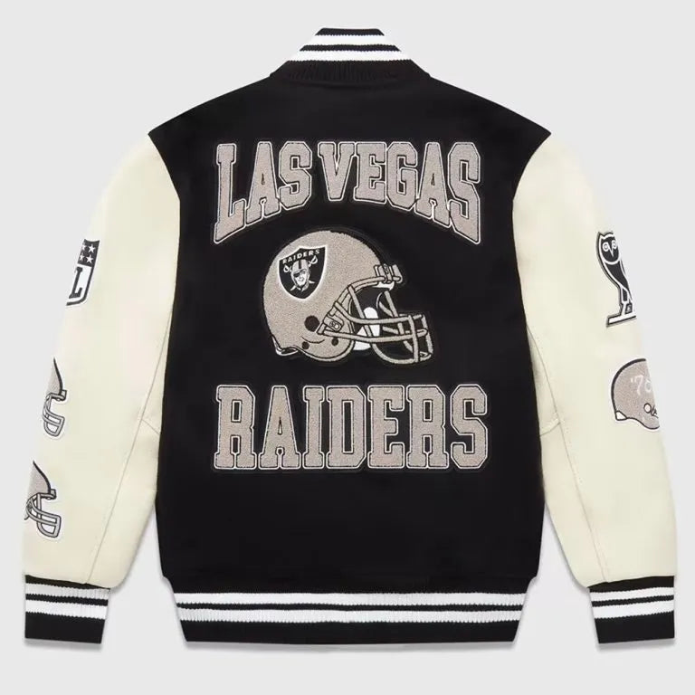 OVO Los Vegas Raiders Black Wool and White Genuine Leather Sleeves Men's Varsity Letterman Jacket