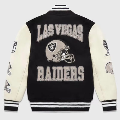OVO Los Vegas Raiders Black Wool and White Genuine Leather Sleeves Men's Varsity Letterman Jacket