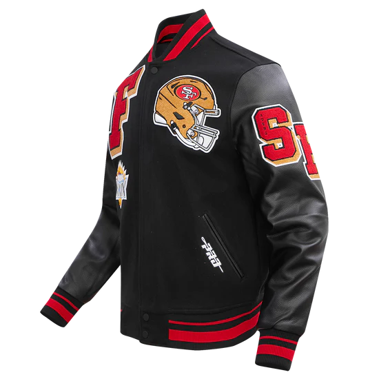San Francisco 49ers Mash Up Retro Classic Black Wool & Genuine Leather Sleeves Men's Varsity Letterman Jacket