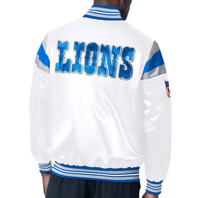 Detroit Lions Midweight Full-Snap Varsity White Satin Men's Bomber Jacket