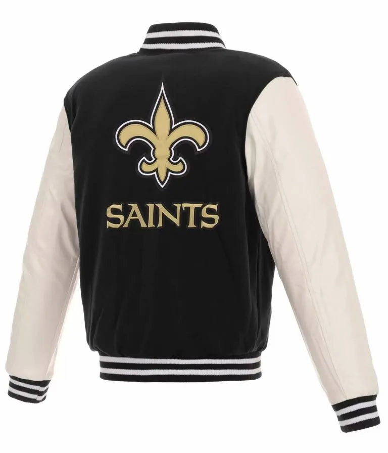 New Orleans Saints Logo Black Wool & White Genuine Leather Sleeves Men's Varsity Letterman Jacket