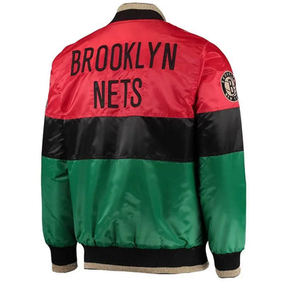 Brooklyn Nets 75th Anniversary Black History Month Full-Snap Varsity Color-Block Satin Men's Bomber Jacket
