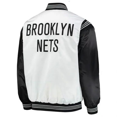 Brooklyn Nets Full-Snap Varsity White and Black Satin Men's Bomber Jacket