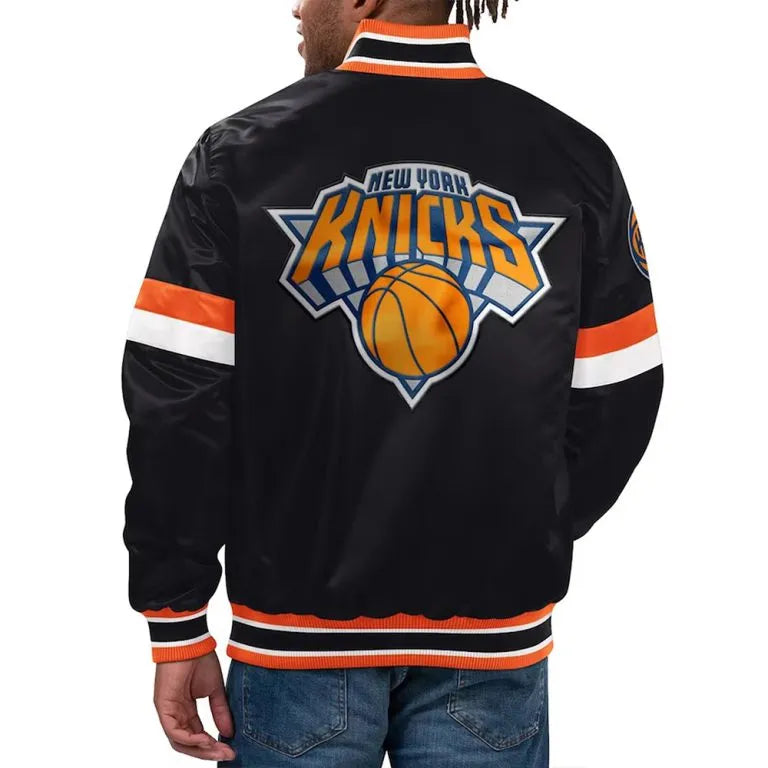 New York Knicks Home Game Full-Snap Varsity Black Satin Men's Bomber Jacket