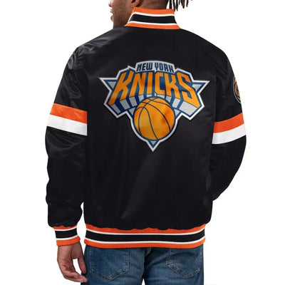 New York Knicks Home Game Full-Snap Varsity Black Satin Men's Bomber Jacket